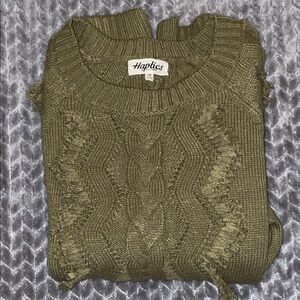 Haptics Olive Green Cable Knit Crew Neck Sweater. Size Medium. Fringe Detail.
